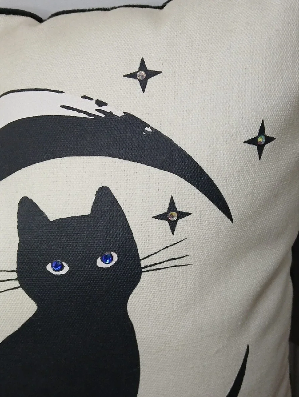 Cream and Black Decorative Black Cat on Moon Pillow